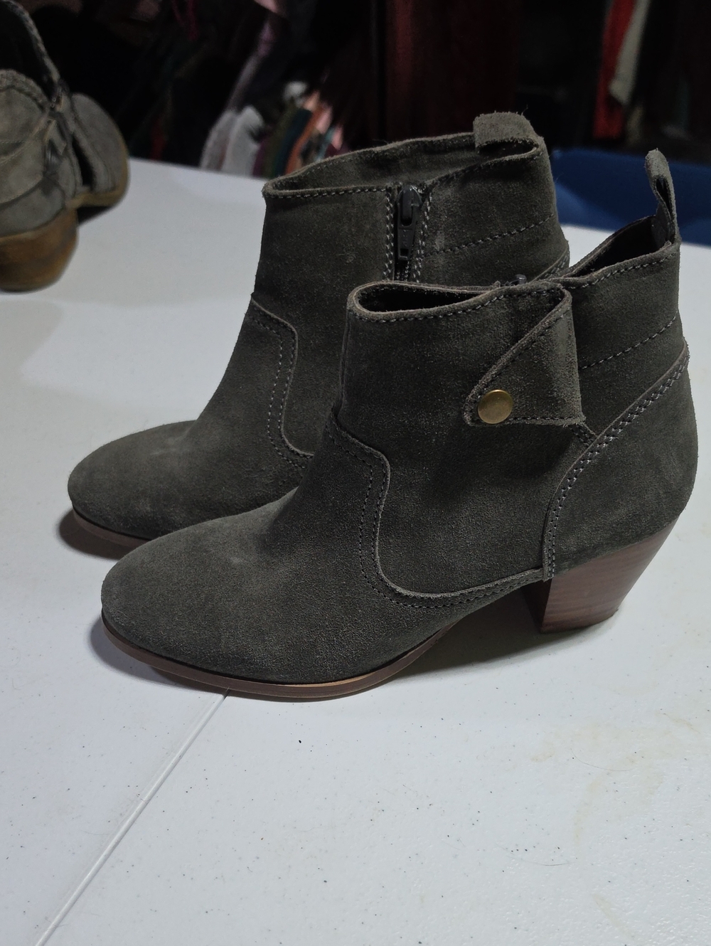 Diba Olive Suede Ankle Booties with Stacked Heel